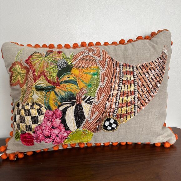 MacKenzie-Childs Cornucopia Beaded Embroidered Throw Pillow NWT Fall Decor 20x14 - Picture 7 of 13